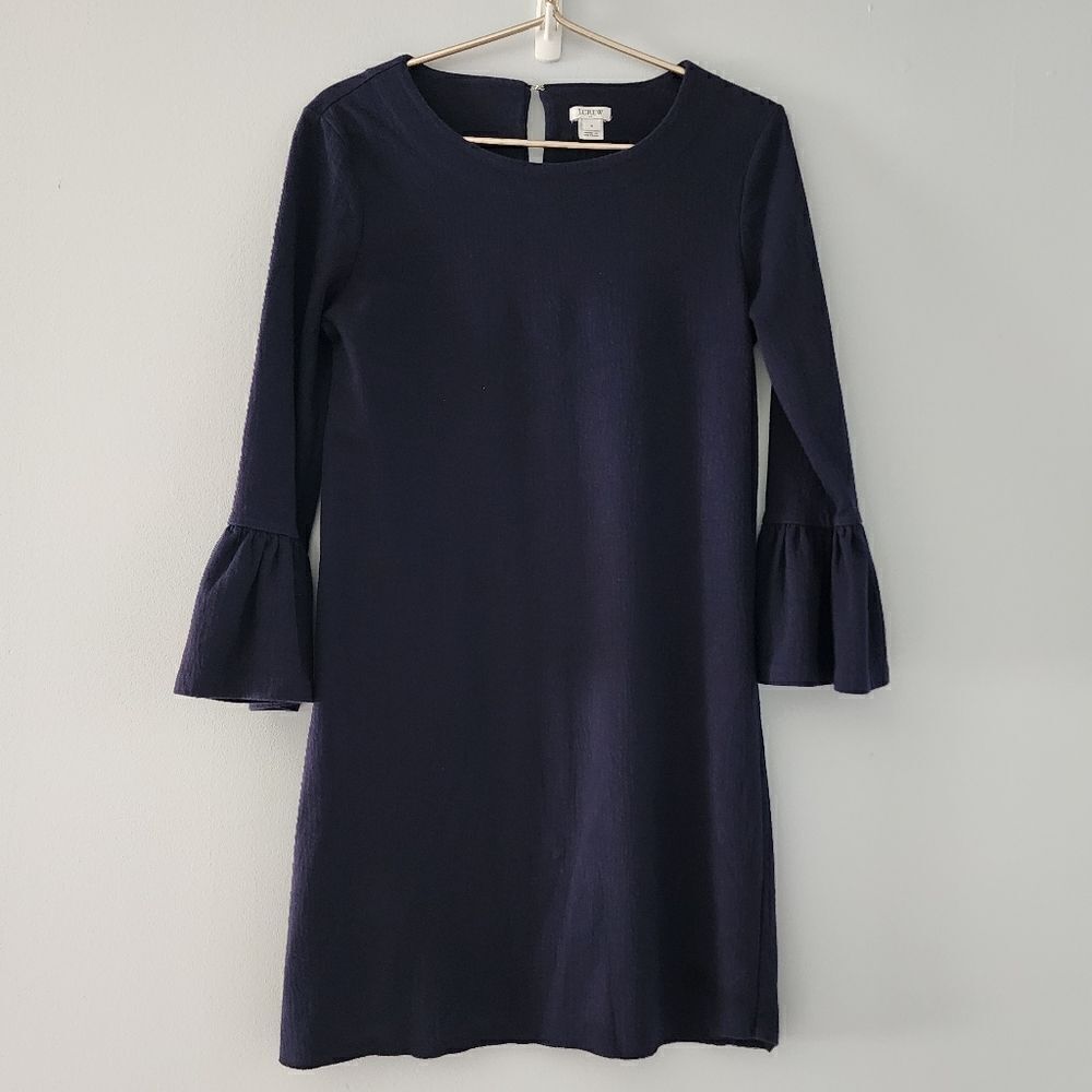 J. Crew Winter Garden Cocktail Dress Bell Sleeves Black Silky Size Small Blue